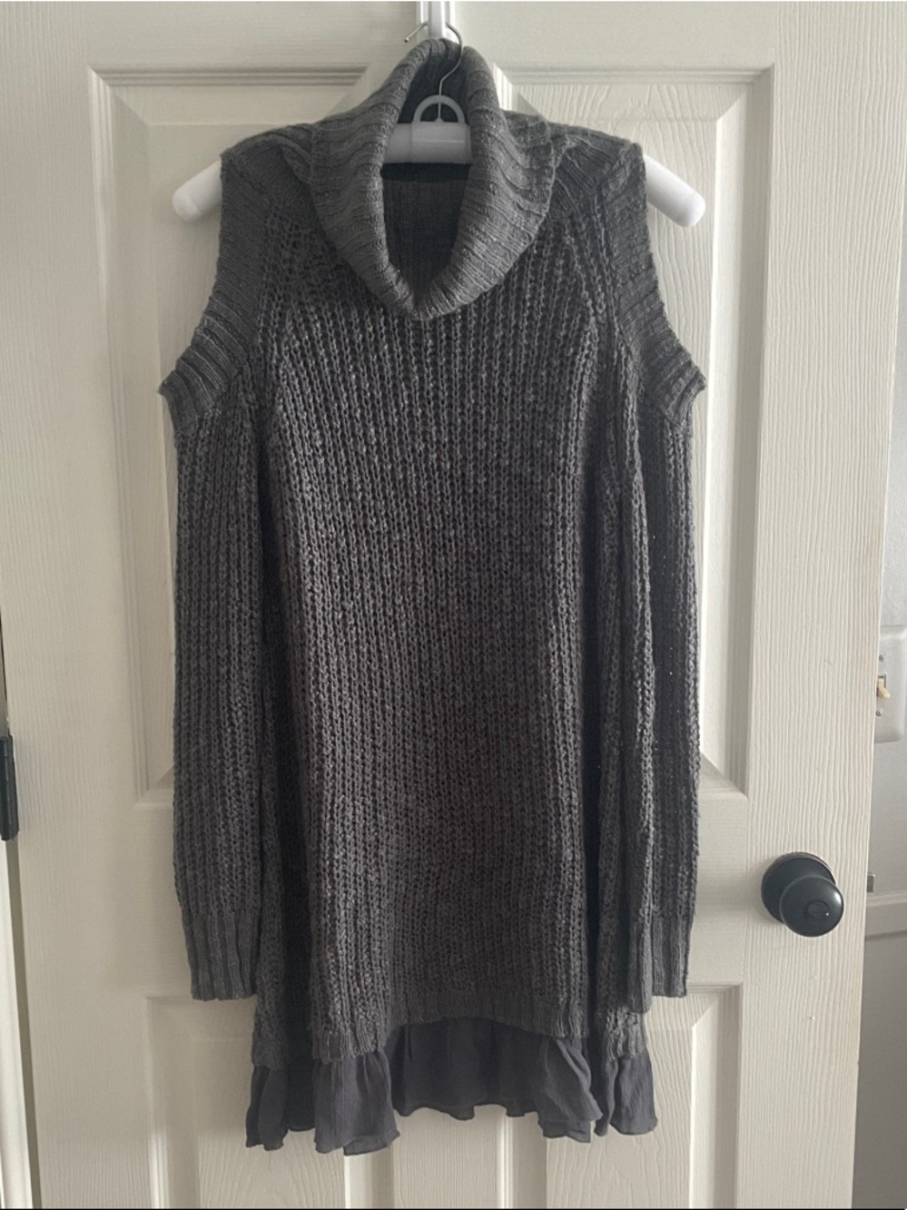 easel Gray Cold-Shoulder Cowl-Neck Knit Sweater with Ruffle Hem